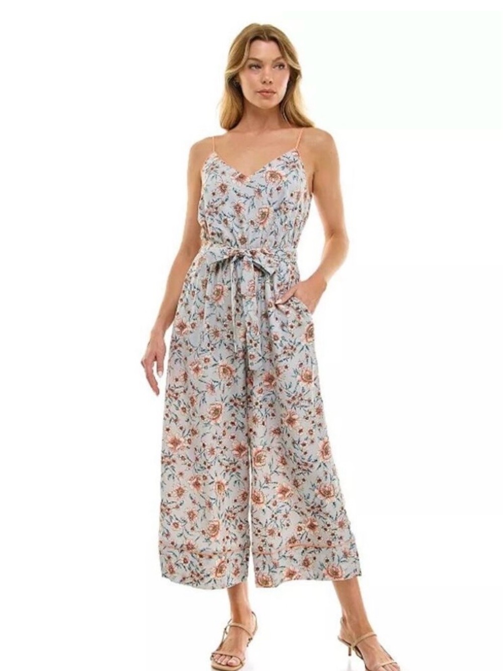 Leith Light Blue Floral Maxi with Coral Trim and Spaghetti Straps